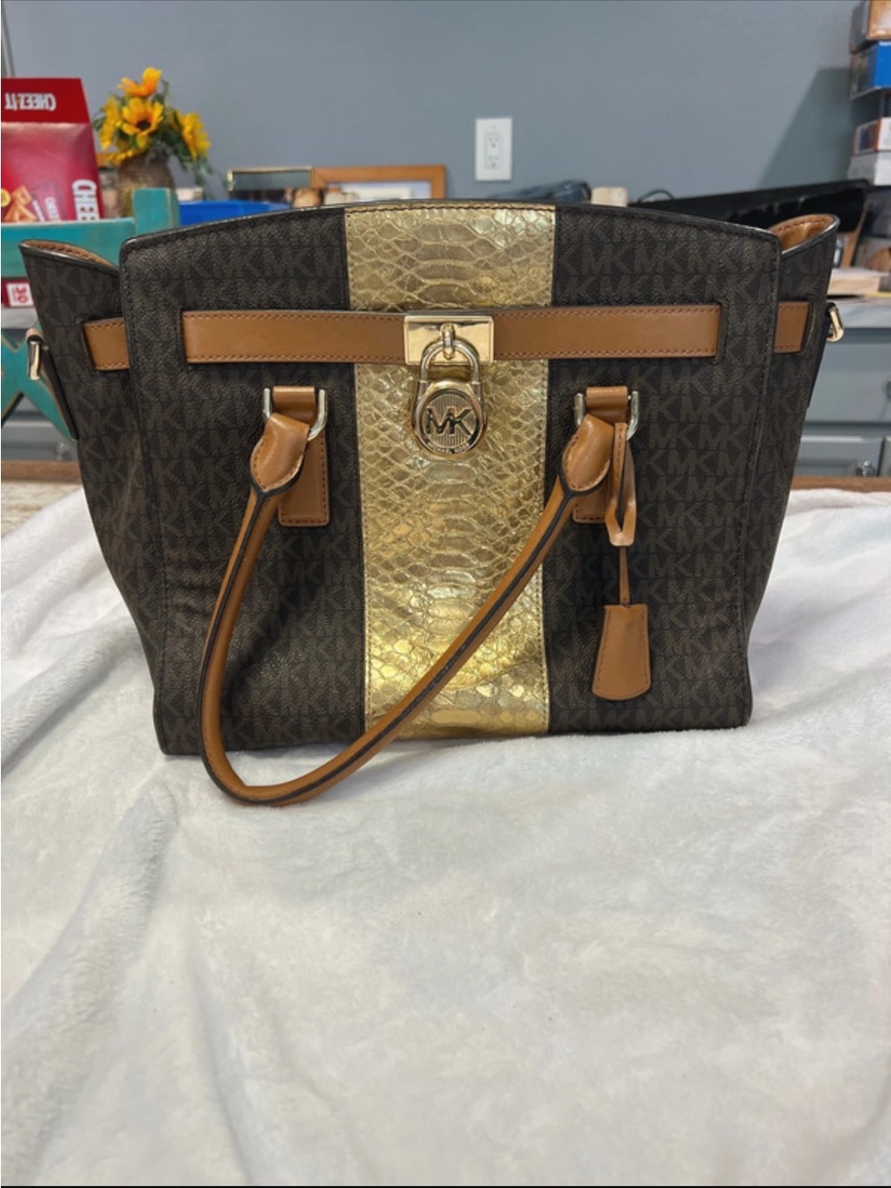 Michael Kors Brown MK Logo Tote with Gold Center Stripe